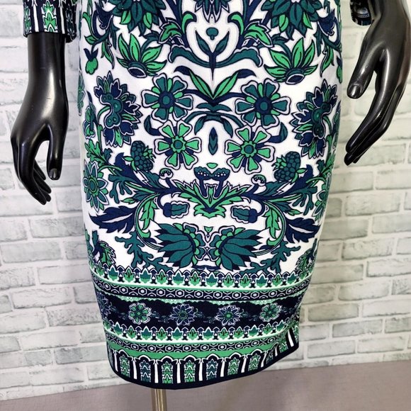 Eliza J Womens 4 Blue Green Paisley 3/4 Sleeve Crew Neck Sheath Dress - Picture 3 of 9